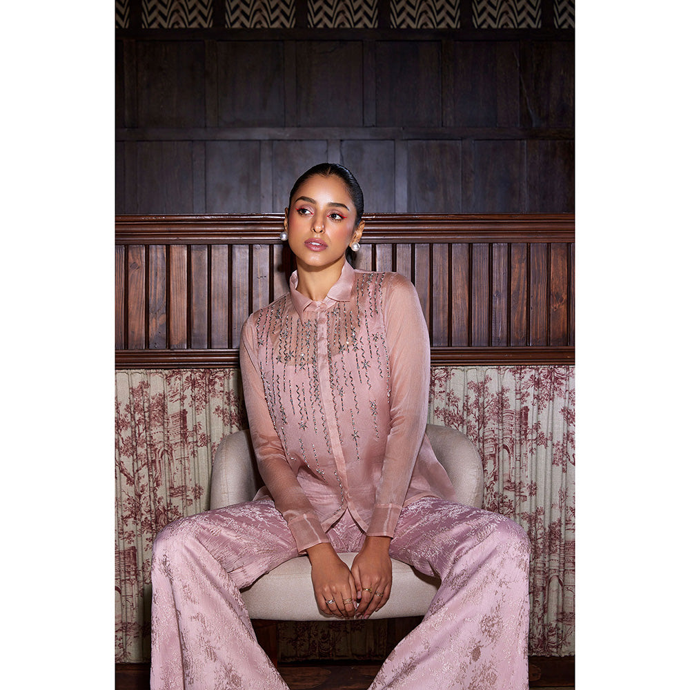 SANYA GULATI Pink Organza Shirt with Jacquard Pants (Set of 2)