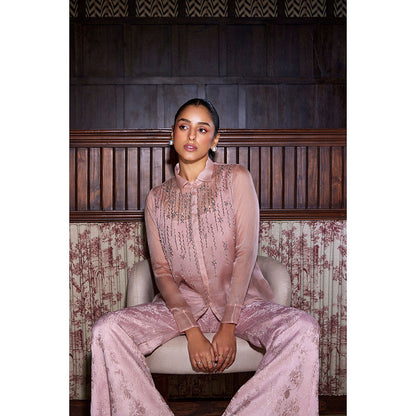 SANYA GULATI Pink Organza Shirt with Jacquard Pants (Set of 2)