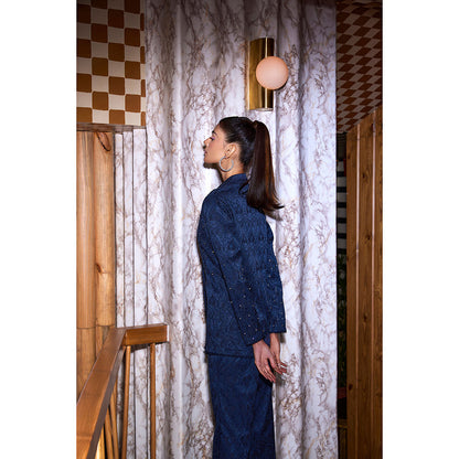 SANYA GULATI Navy Blue Jacquard Shirt & Pant (Set of 2)