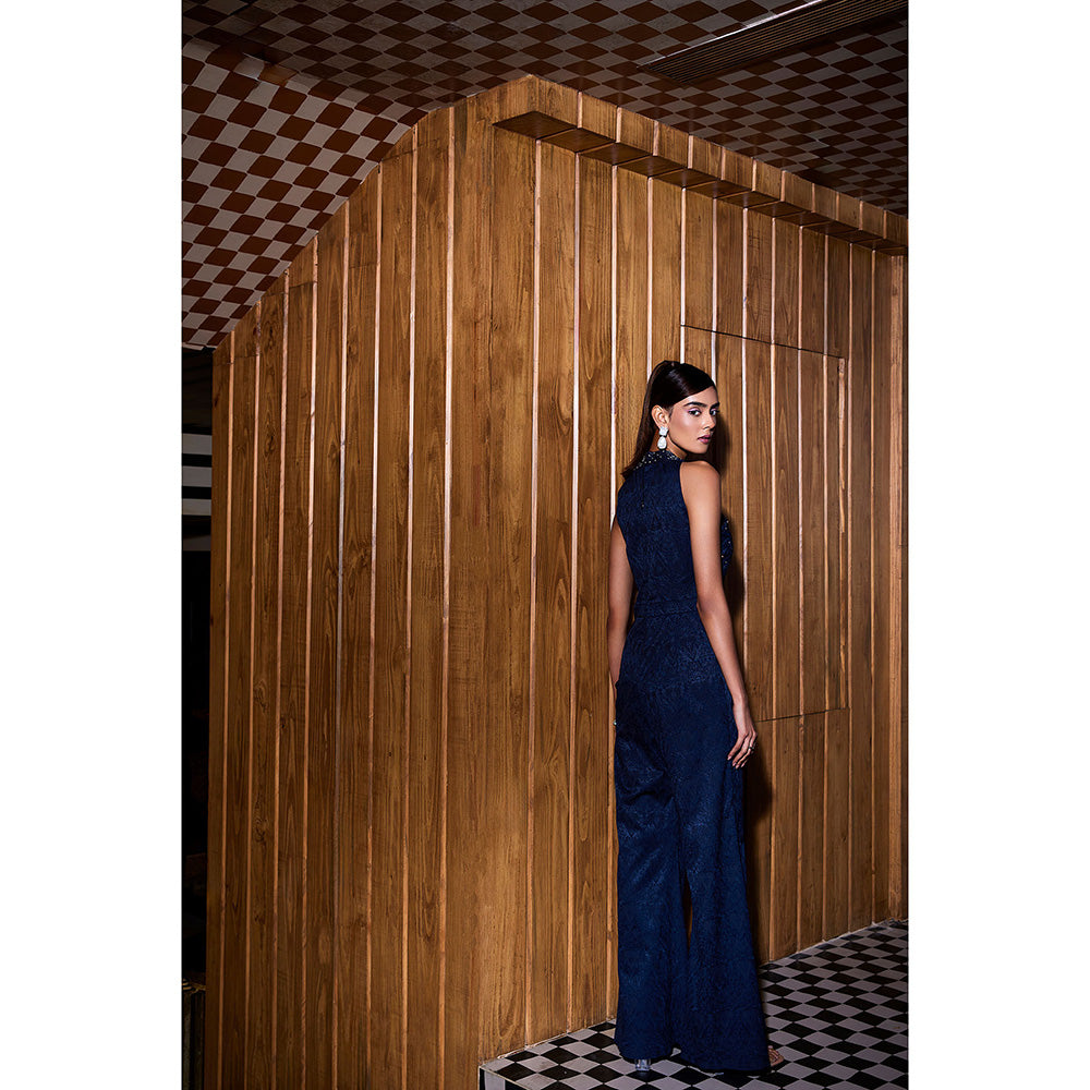 SANYA GULATI Navy Blue Jacquard Jumpsuit