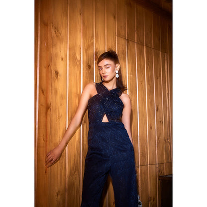 SANYA GULATI Navy Blue Jacquard Jumpsuit