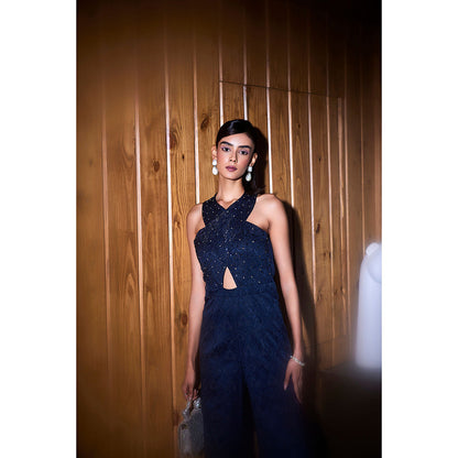 SANYA GULATI Navy Blue Jacquard Jumpsuit