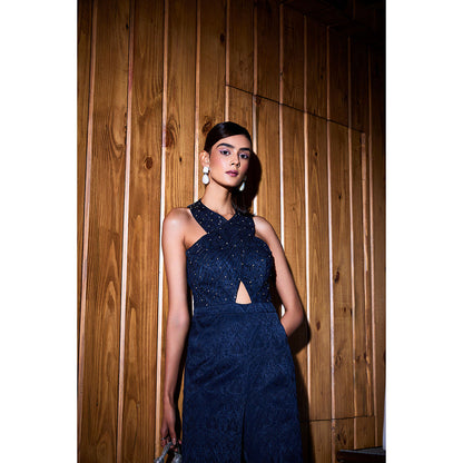 SANYA GULATI Navy Blue Jacquard Jumpsuit