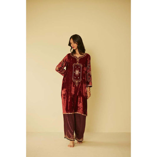 Sarang Kaur Maroon Dareecha Kurta with Palazzo (Set of 2)
