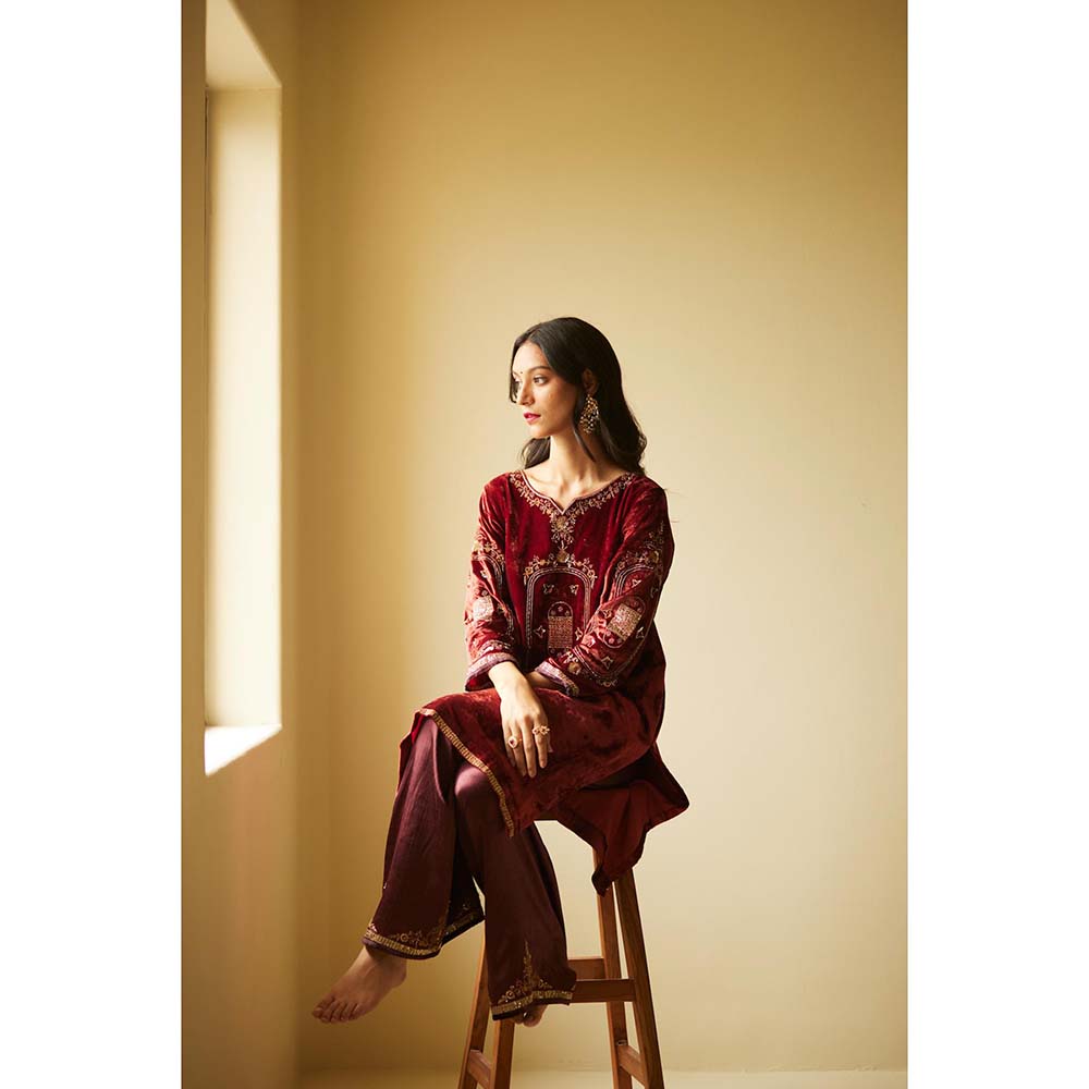 Sarang Kaur Maroon Dareecha Kurta with Palazzo (Set of 2)