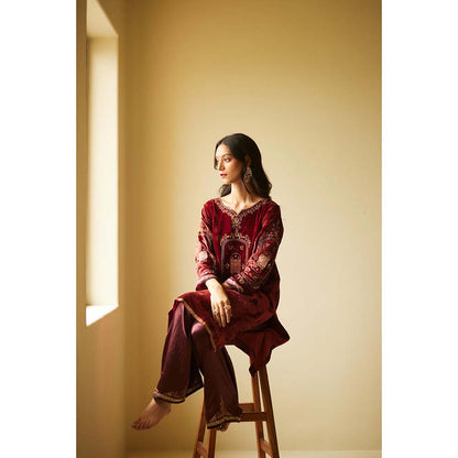 Sarang Kaur Maroon Dareecha Kurta with Palazzo (Set of 2)