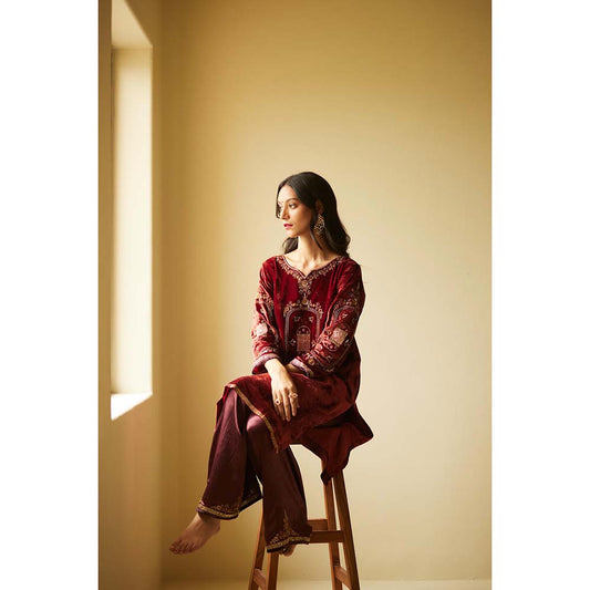 Sarang Kaur Maroon Dareecha Kurta with Palazzo (Set of 2)