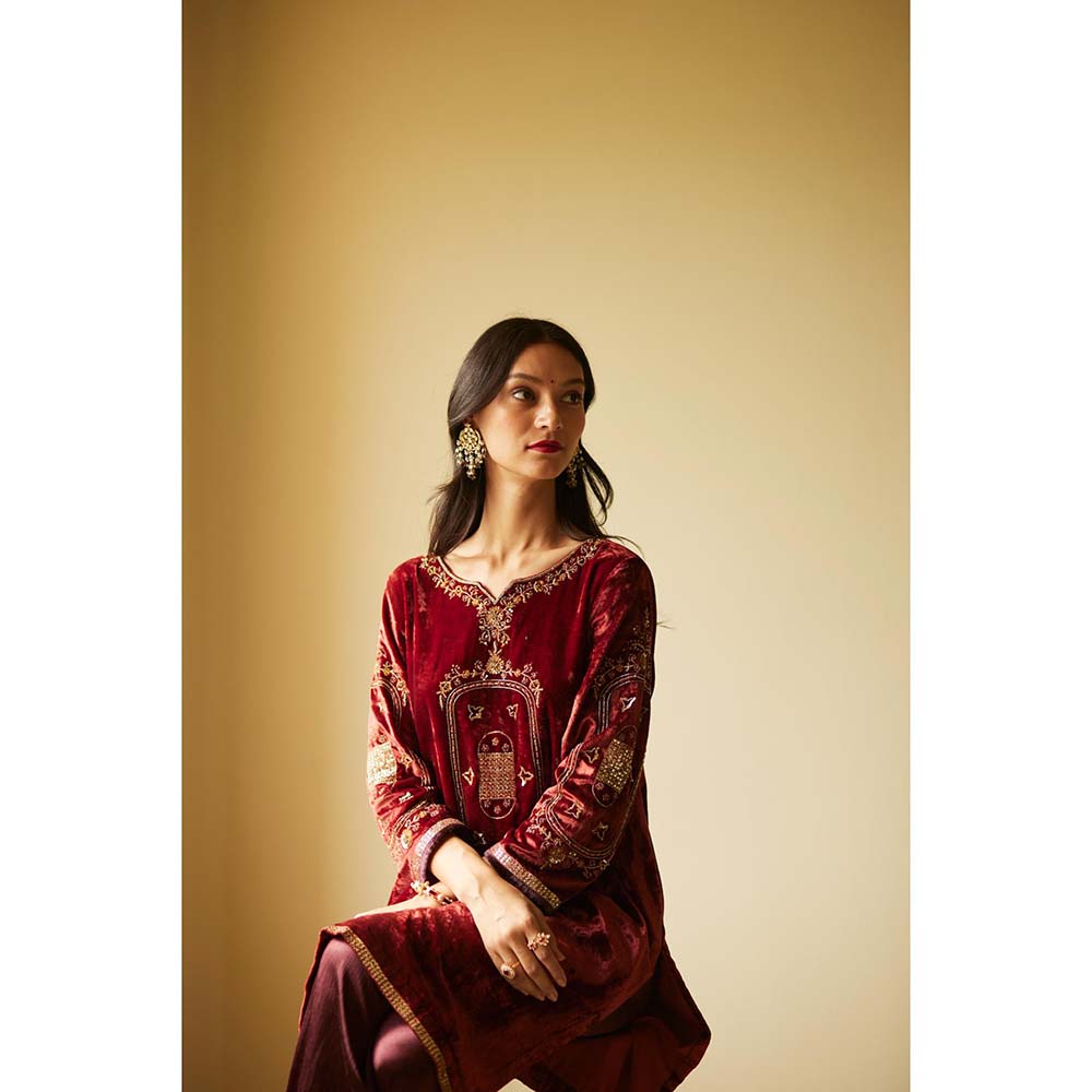Sarang Kaur Maroon Dareecha Kurta with Palazzo (Set of 2)