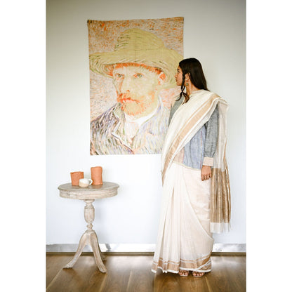 SARI KI ALMARI White Checkered Handwoven Pure Cotton Silk Saree with Unstitched Blouse