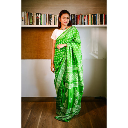 SARI KI ALMARI Green Printed Silk Handwoven Saree with Unstitched Blouse