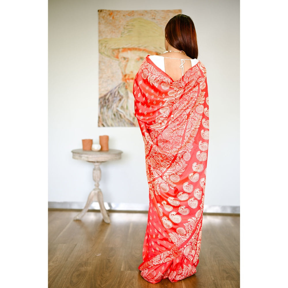 SARI KI ALMARI Printed Red Silk Handwoven Saree with Unstitched Blouse