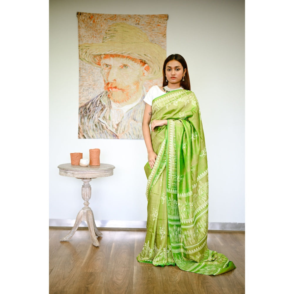 SARI KI ALMARI Green Printed Silk Handwoven Saree with Unstitched Blouse