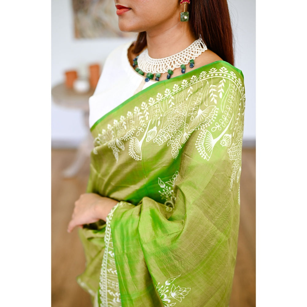 SARI KI ALMARI Green Printed Silk Handwoven Saree with Unstitched Blouse