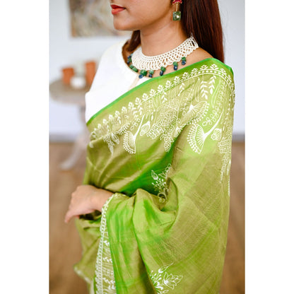 SARI KI ALMARI Green Printed Silk Handwoven Saree with Unstitched Blouse