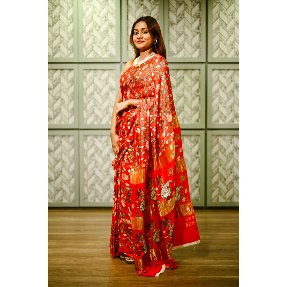 SARI KI ALMARI Red Gaji Silk Saree with Unstitched Blouse