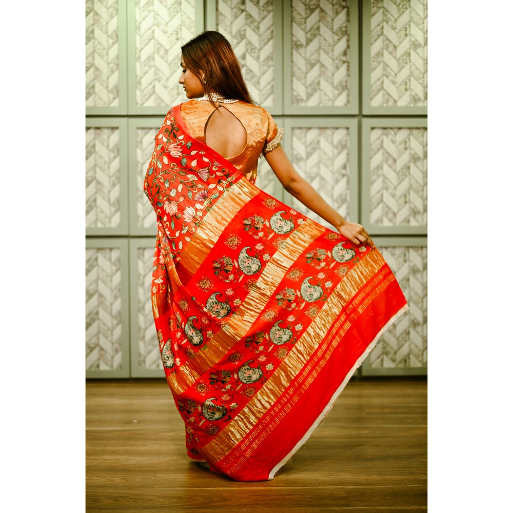 SARI KI ALMARI Red Gaji Silk Saree with Unstitched Blouse