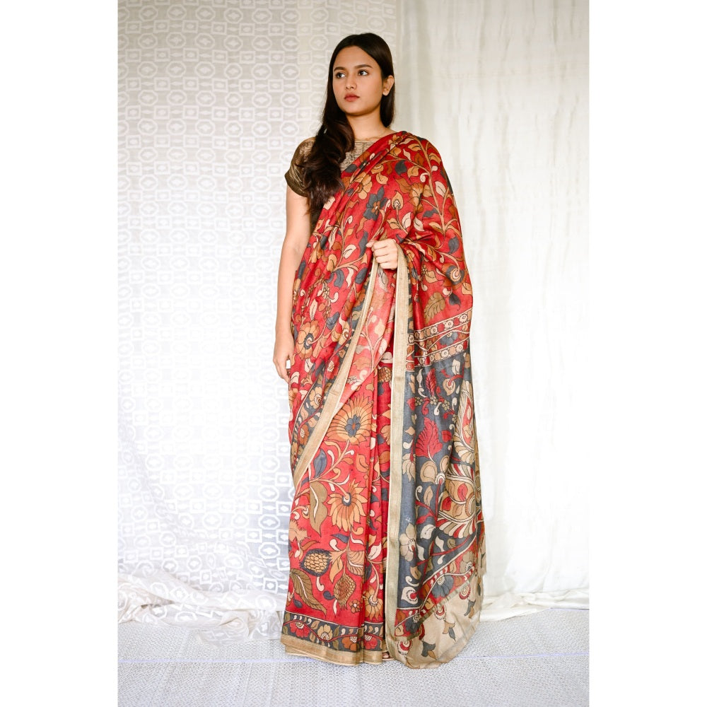 SARI KI ALMARI Red Printed Kalamkari Saree with Unstitched Blouse