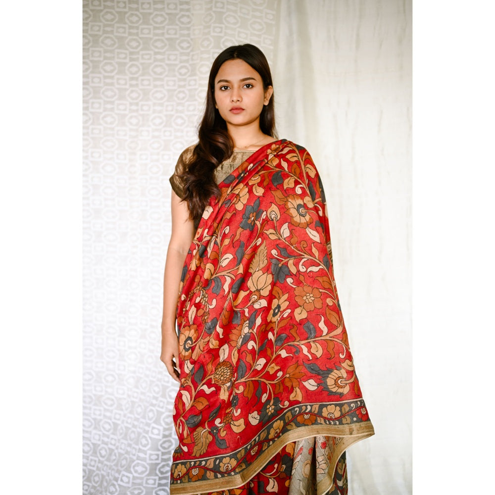 SARI KI ALMARI Red Printed Kalamkari Saree with Unstitched Blouse