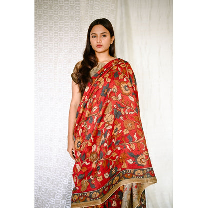 SARI KI ALMARI Red Printed Kalamkari Saree with Unstitched Blouse