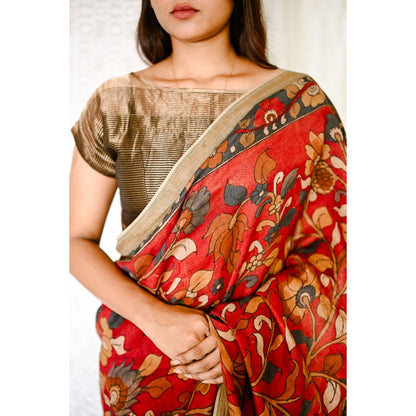 SARI KI ALMARI Red Printed Kalamkari Saree with Unstitched Blouse