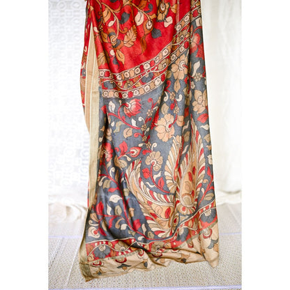 SARI KI ALMARI Red Printed Kalamkari Saree with Unstitched Blouse