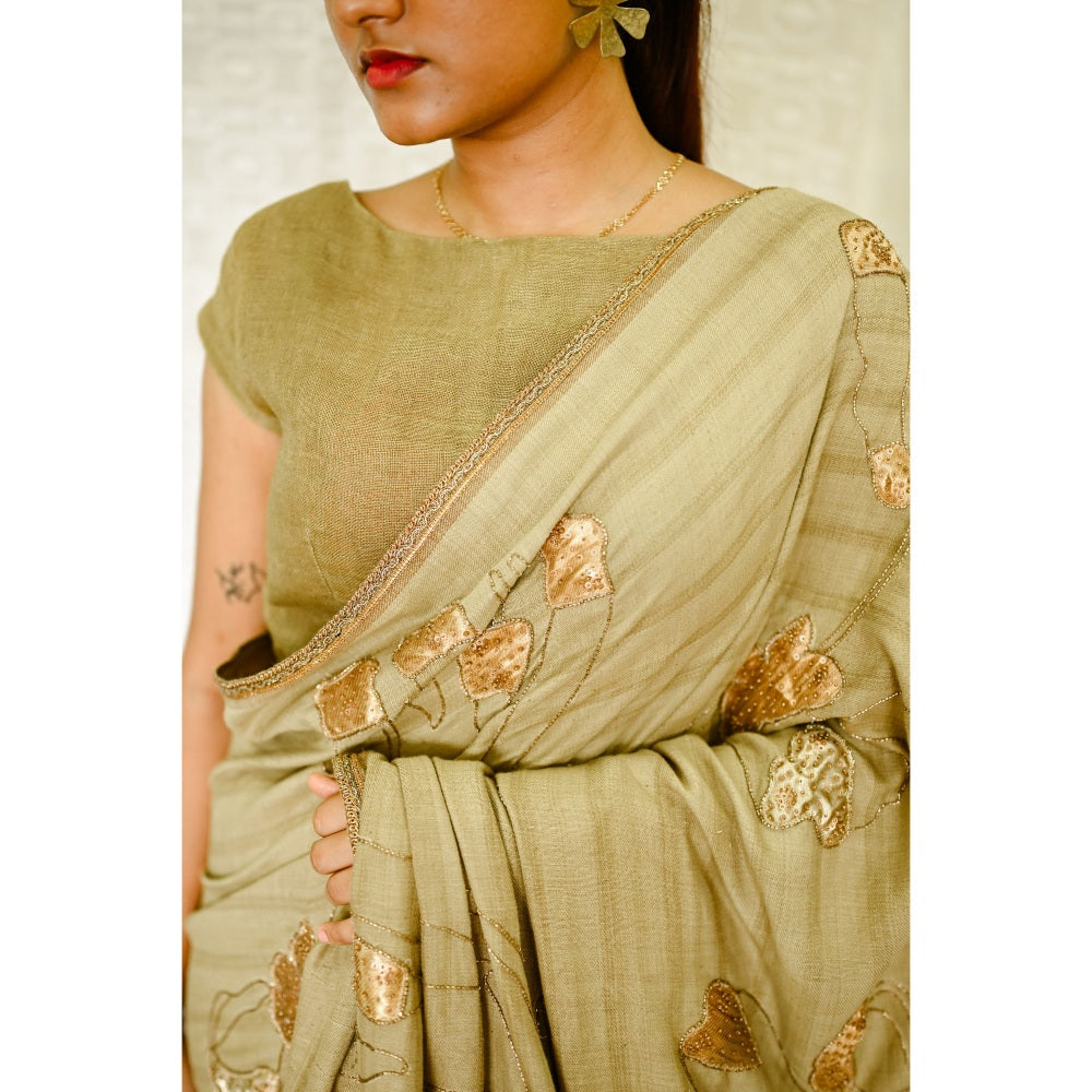 SARI KI ALMARI Olive Organic Cotton Saree with Unstitched Blouse