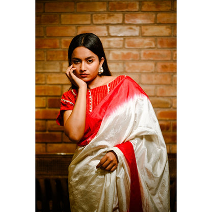 SARI KI ALMARI Alta Red Handwoven Bengali Silk Saree with Unstitched Blouse