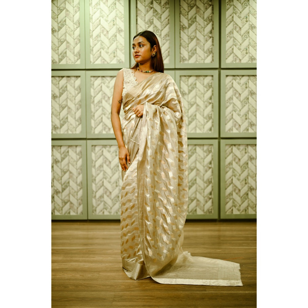 SARI KI ALMARI Beige Domino Pure Silk Saree with Unstitched Blouse