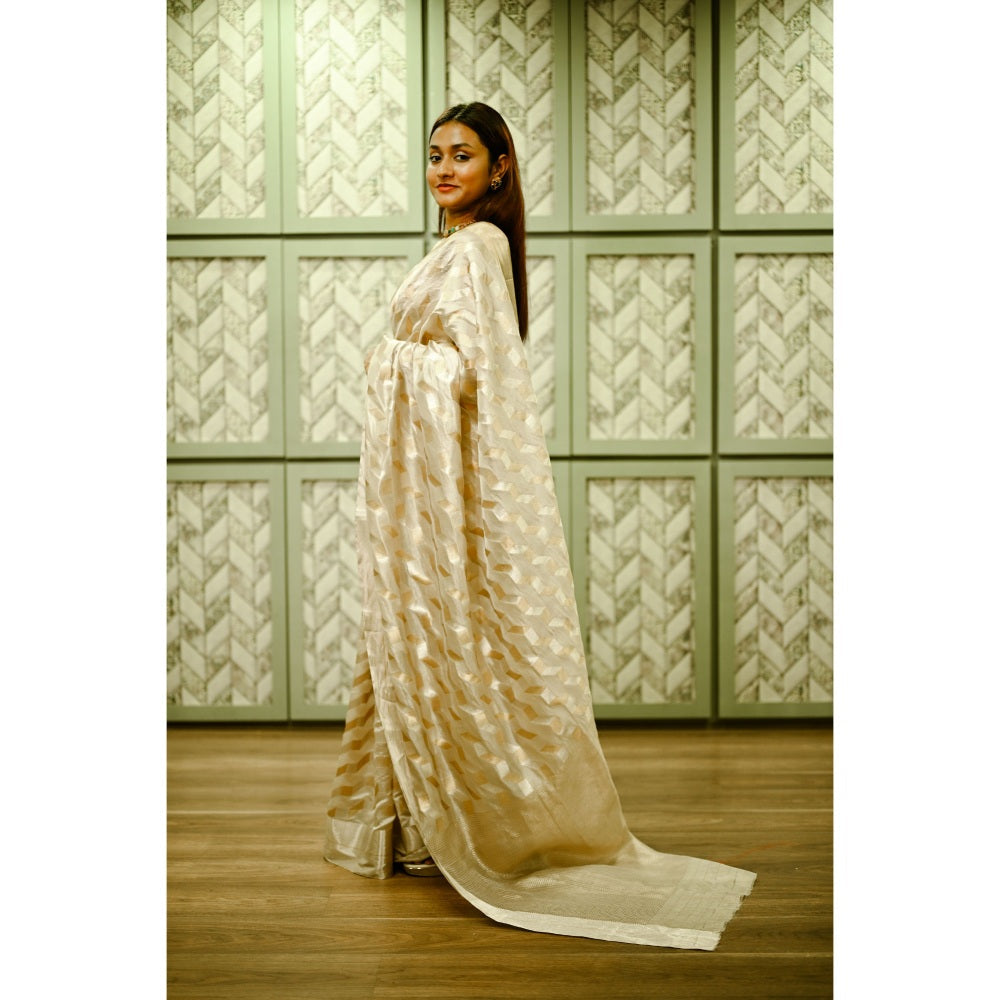 SARI KI ALMARI Beige Domino Pure Silk Saree with Unstitched Blouse