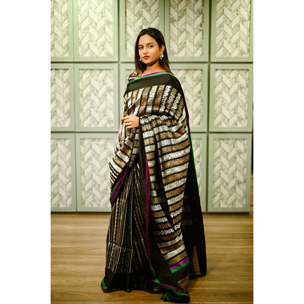 SARI KI ALMARI Black Silk Banarasi Saree with Unstitched Blouse
