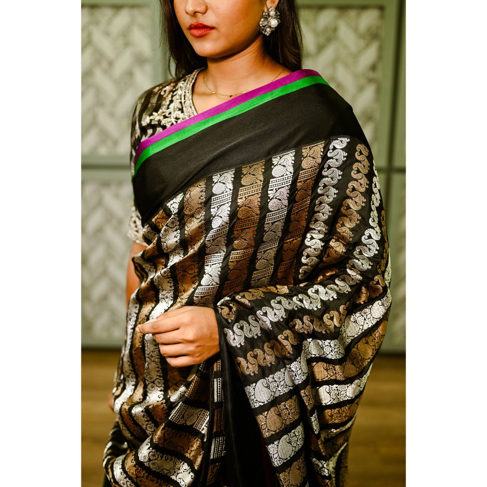 SARI KI ALMARI Black Silk Banarasi Saree with Unstitched Blouse