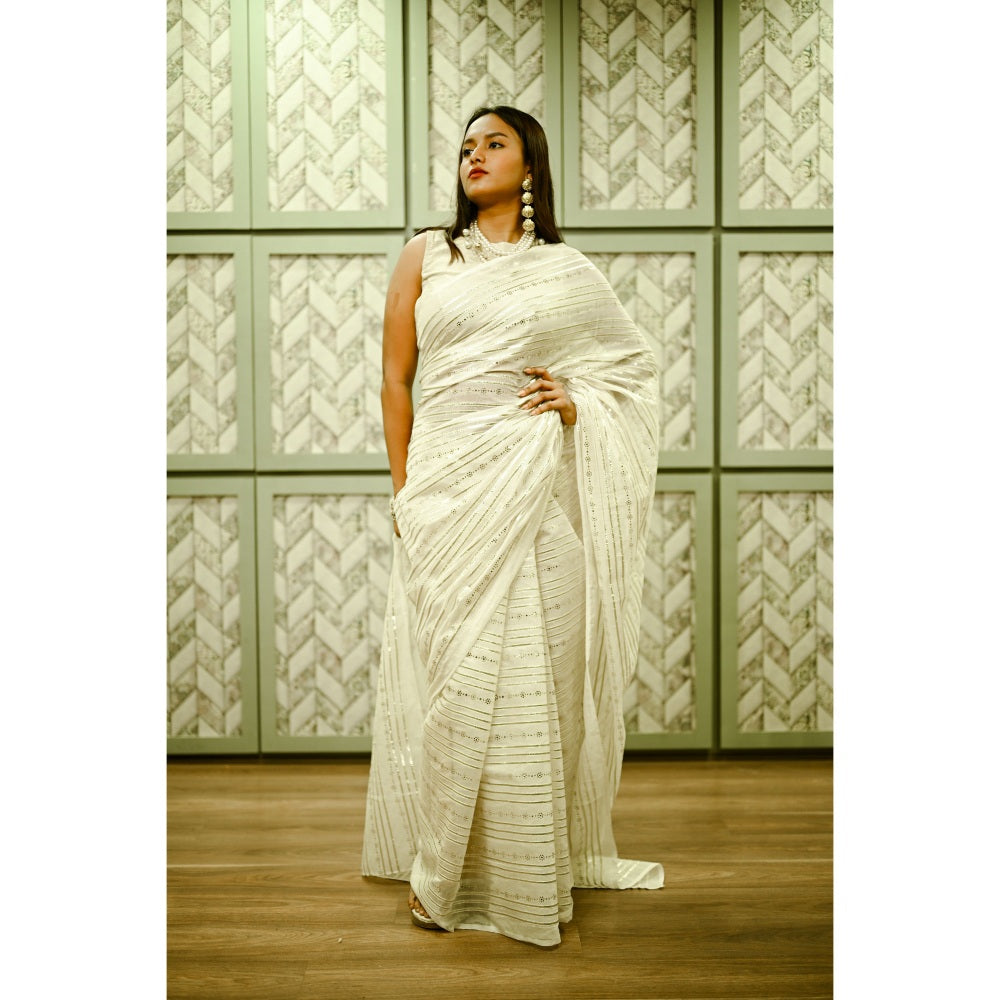 SARI KI ALMARI Off-White Cotton Sequined Saree with Unstitched Blouse