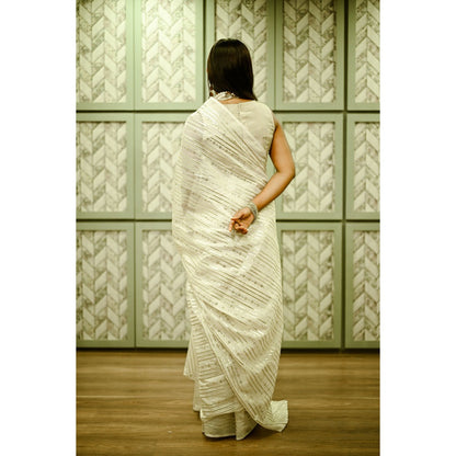 SARI KI ALMARI Off-White Cotton Sequined Saree with Unstitched Blouse