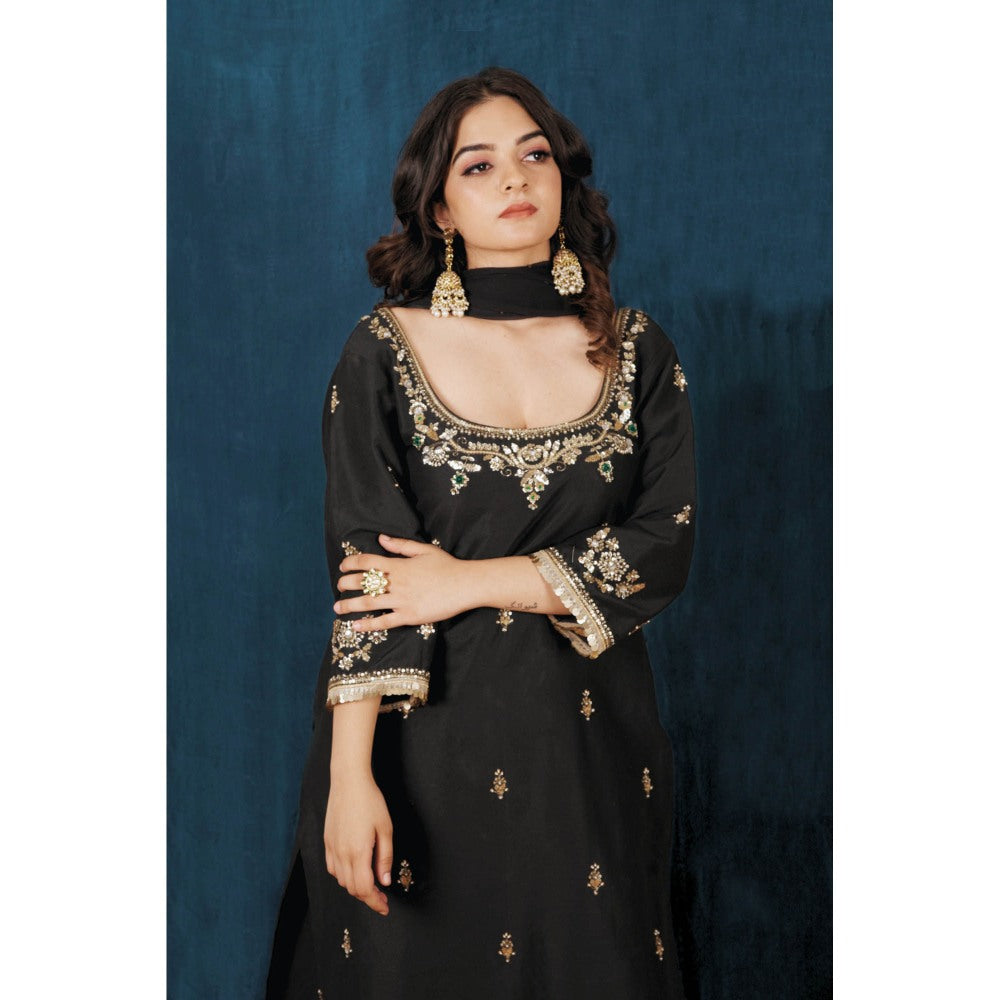 SAUBHAGYA Black Upada Silk Kurta with Pant and Dupatta (Set of 3)