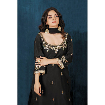 SAUBHAGYA Black Upada Silk Kurta with Pant and Dupatta (Set of 3)
