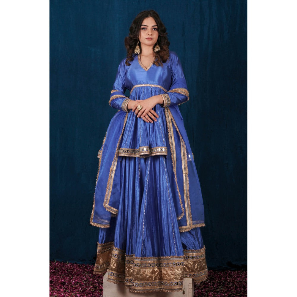 SAUBHAGYA Blue Silk Mirror Work Peplum Kurta and Lehenga with Dupatta (Set of 3)