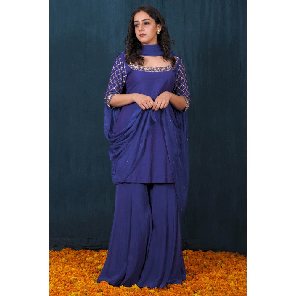 SAUBHAGYA Electric Blue Silk Kurta with Palazzo and Dupatta (Set of 3)