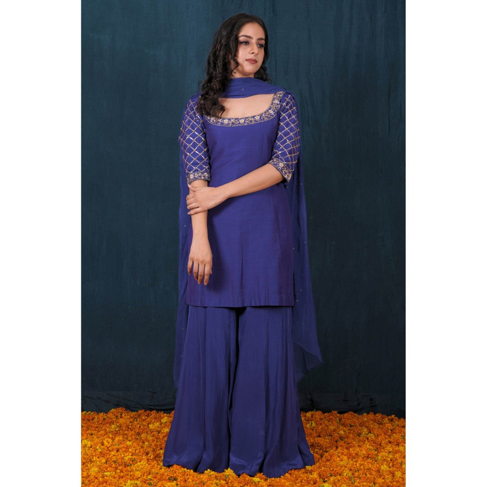 SAUBHAGYA Electric Blue Silk Kurta with Palazzo and Dupatta (Set of 3)