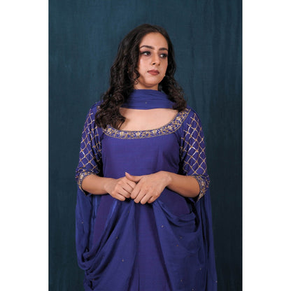 SAUBHAGYA Electric Blue Silk Kurta with Palazzo and Dupatta (Set of 3)