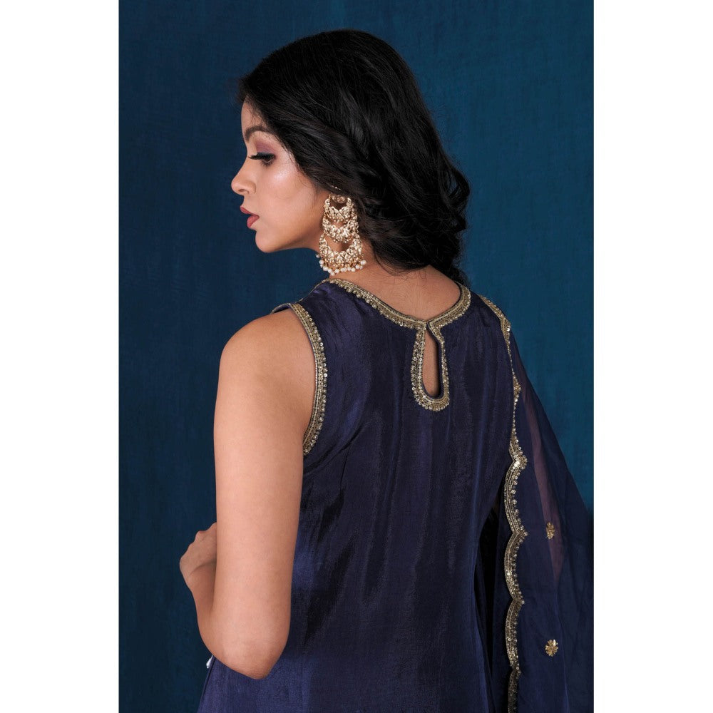 SAUBHAGYA Navy Blue Latkan Upada Silk Kurta with Pant and Dupatta (Set of 3)