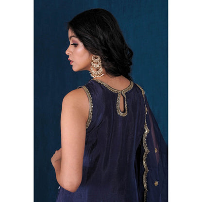 SAUBHAGYA Navy Blue Latkan Upada Silk Kurta with Pant and Dupatta (Set of 3)