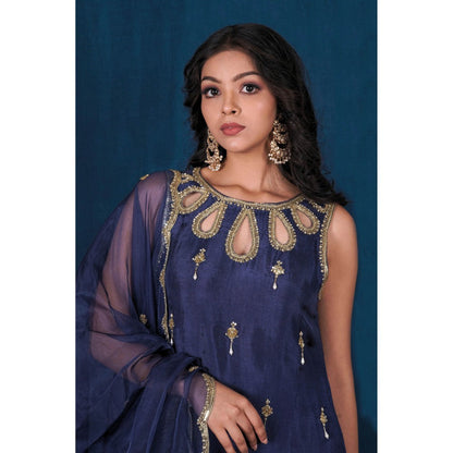 SAUBHAGYA Navy Blue Latkan Upada Silk Kurta with Pant and Dupatta (Set of 3)