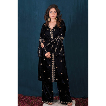 SAUBHAGYA Navy Blue Velvet Kurta and Pant (Set of 2)