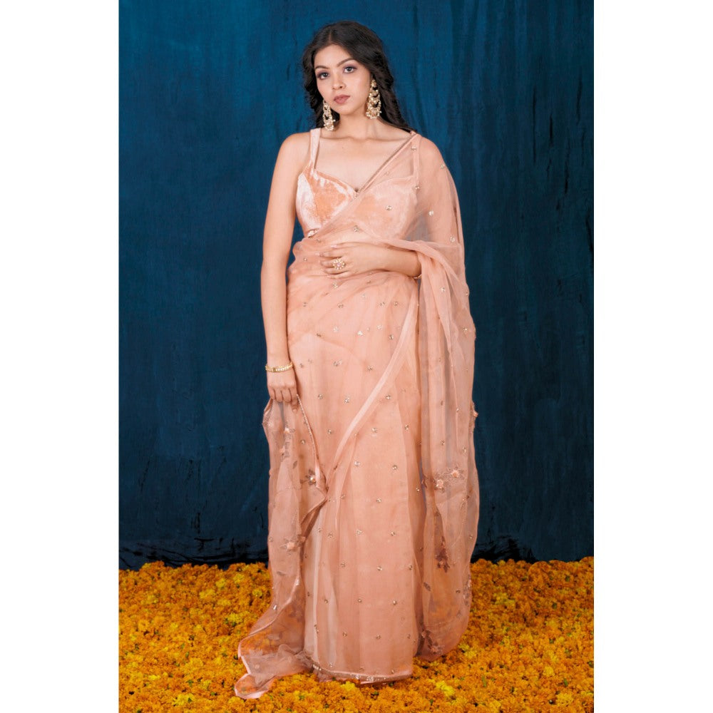 SAUBHAGYA Champagne Silk Organza Saree with Stitched Blouse
