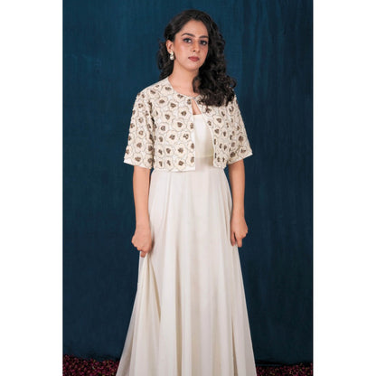 SAUBHAGYA Off-White Georgette Embellished Jacket and Dress (Set of 2)