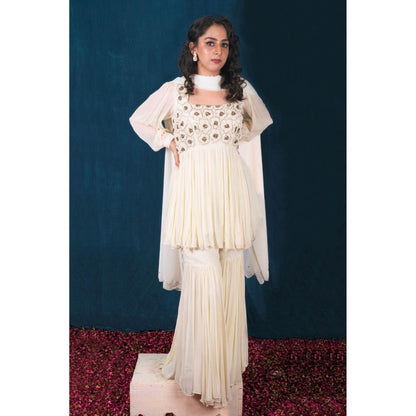 SAUBHAGYA Off-White Georgette Peplum Kurta with Sharara and Dupatta (Set of 3)