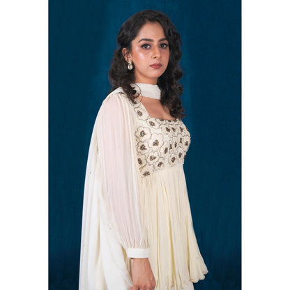 SAUBHAGYA Off-White Georgette Peplum Kurta with Sharara and Dupatta (Set of 3)