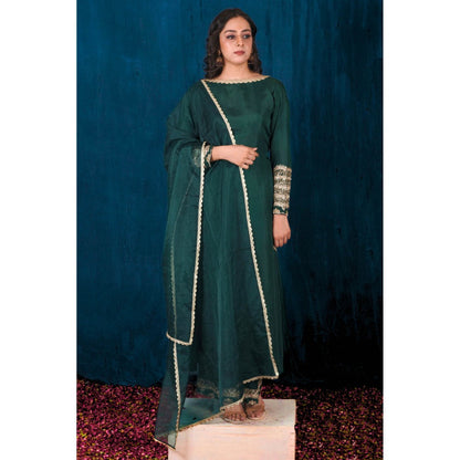 SAUBHAGYA Green Upada Silk Kurta with Palazzo and Dupatta (Set of 3)