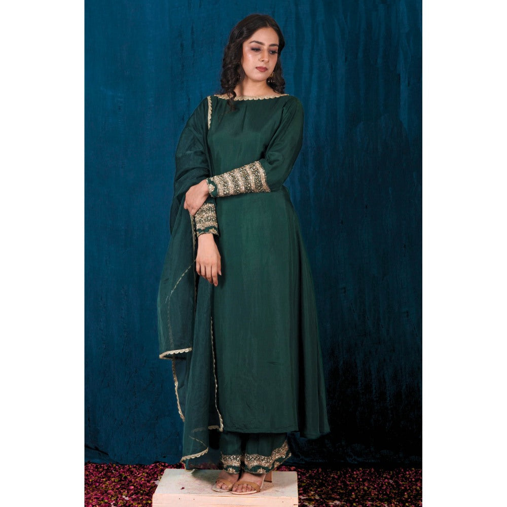 SAUBHAGYA Green Upada Silk Kurta with Palazzo and Dupatta (Set of 3)