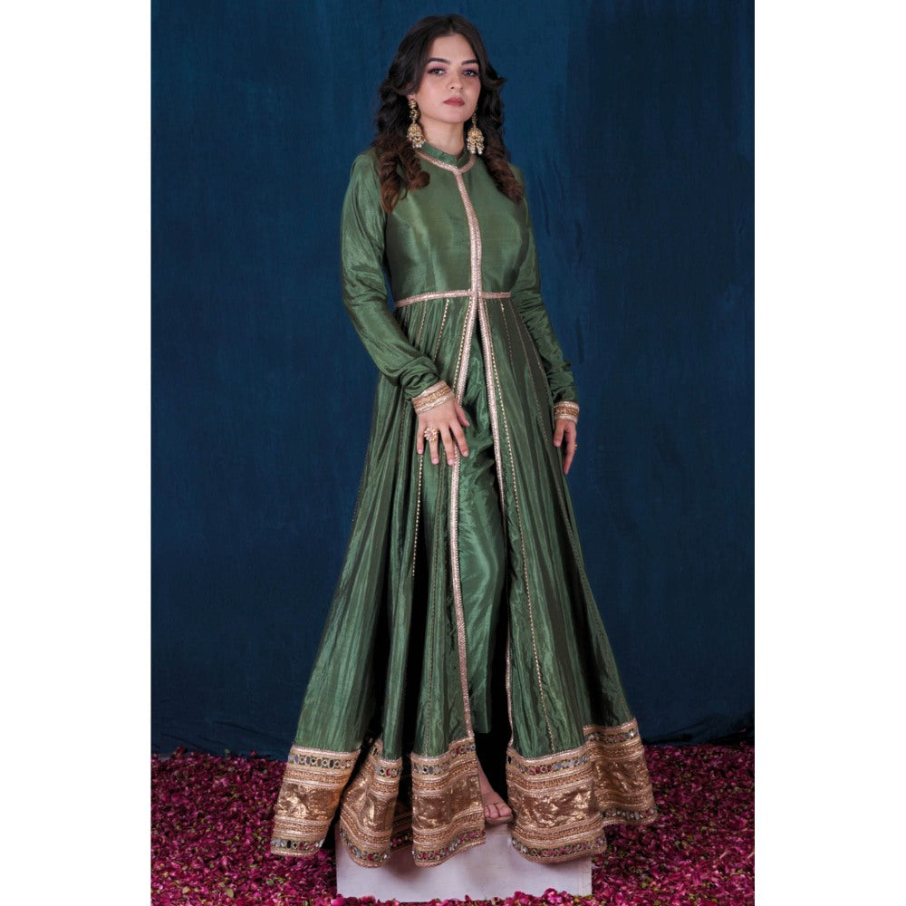 SAUBHAGYA Silk Front-Open Embellished Anarkali with Pant and Dupatta (Set of 3)